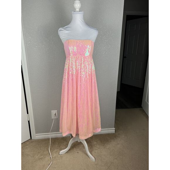 Size M Midi Dress Babydoll Strapless Sequin Fairy Glam Coquette Feminine Pink - Picture 3 of 9